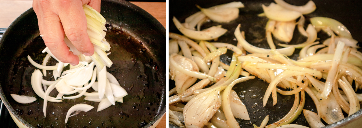 Fry onions until softened and browned